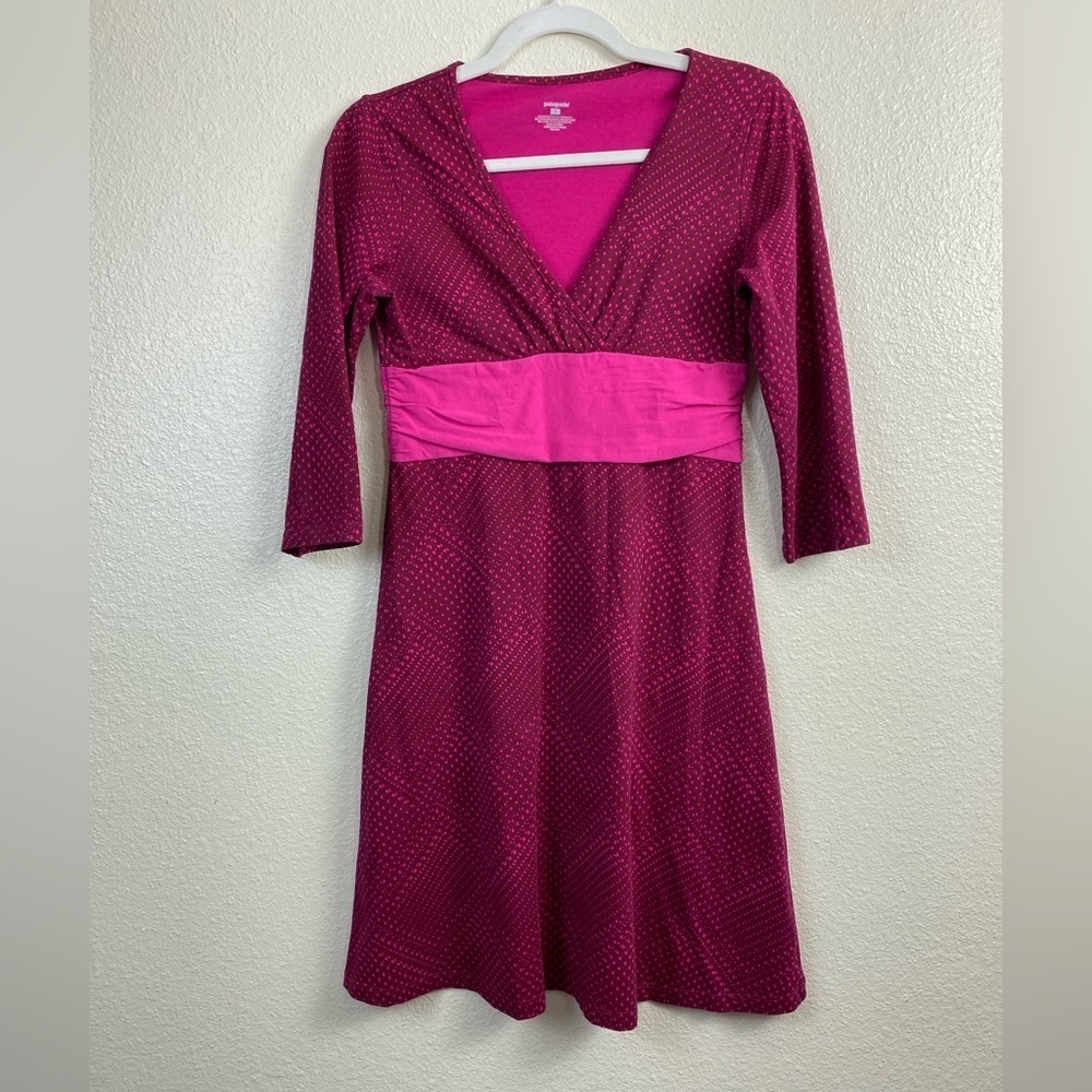 Patagonia Margot Skater Pink Barbiecore 3/4 Sleeve Summer midi Dress‎ sz Small